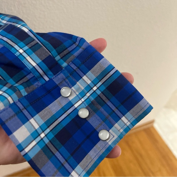 Wrangler Mens Shirts Size XLT Blue Plaid Pearl Snap 2 Front Pockets Long Sleeves - Picture 8 of 14